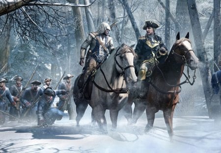 Assassin's Creed - army, horses, trees, snow