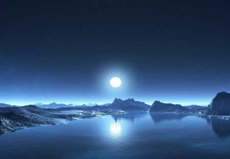 Polarnight_Wallpaper - moon, water, blue, rocks