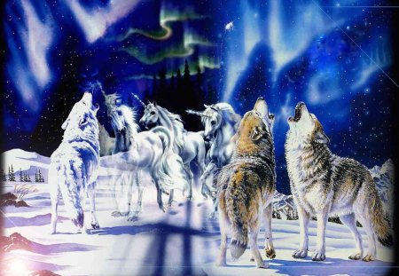 Wolves and Unicorns - winter, wolves, fantasy, unicorns