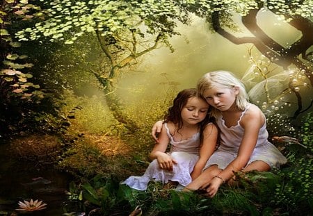 Sibling_Love - hug, flowers, grass, trees