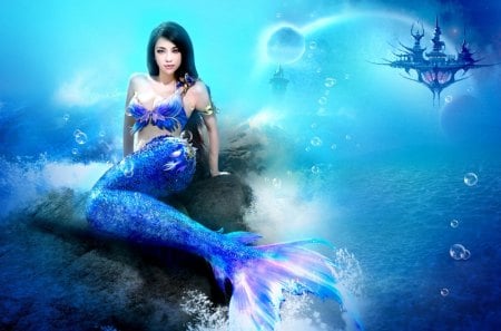 Beautiful Blue Mermaid - fantasy, mermaid, blue, beautiful