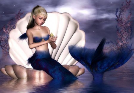 Little blue Mermaid - ocean, fantasy, mermaid, blue