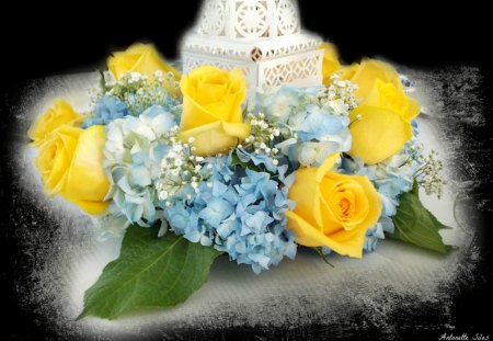 Table Flowers - yellow n blue, table flowers, yellow roses, roses, flowers, table