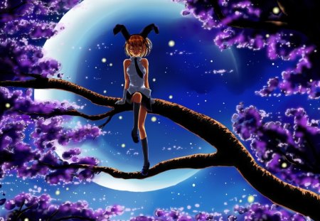 Little Girl - moon, wood, girl, night, art, sitting, tree