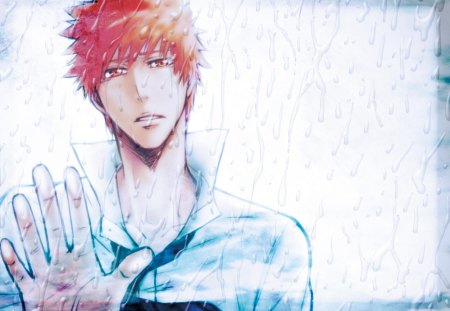 Ichigo Kurosaki - anime, ichigo, kurosaki ichigo, orange eyes, male, bleach, rain, ichigo kurosaki, spiky hair, lone, orange hair