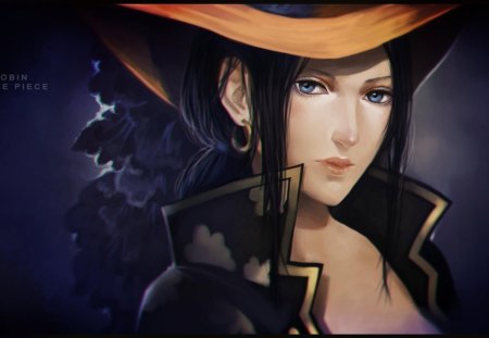 Nico Robin - dark hair, one piece, lone, female, hat, blue eyes, robin, robin nico, nico robin, anime