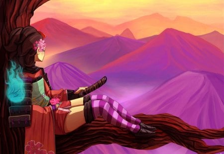 Momohime - oboro muramasa, female, sword, tree, armour, ninja, stockings, momohime, kunoichi, weapon, thigh highs, games, mountains, video games, lone