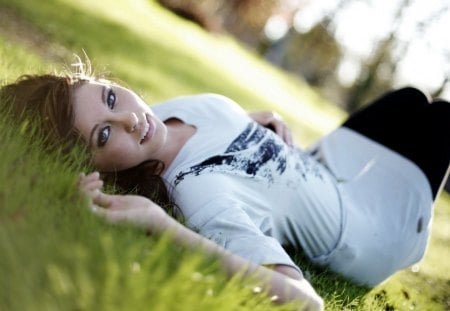 Lying on the Grass - outside, sexy, lying, female, girl, on, model, nature, the, brunette, grass, cute