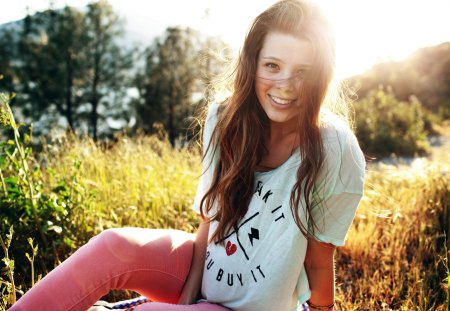 Sitting on a field of grass enjoying nature - sunlight, trees, female, of, enjoying, on, girl, grass, a, nature, model, cute, field, sitting, brunette, sexy