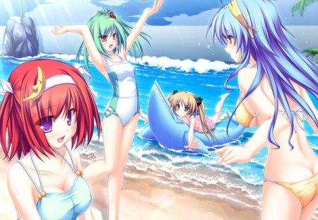 Nazuna Tsubaki, Yoshika Enomoto, Yui Hisagihara & Tsukino Hiiragi  - anime, anime girl, suzukaze no melt, summer, beach, tsubaki nazuna, sea, sand, hiiragi tsukino, ui hisagihara, enomoto yoshika