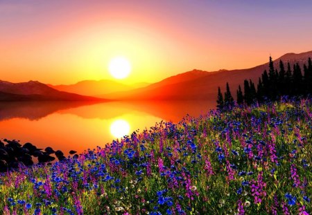 Glowing sunrise - sky, dazzling, sundown, sun, water, colorful, clear, meadow, sunset, field, reflection, river, prange, sunny, golden, grass, rays, lake, mountain, light, nature, bright, glow, flowers, sunrise