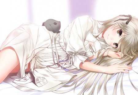 Yosuga no Sora - lying down, long hair, anime, bed