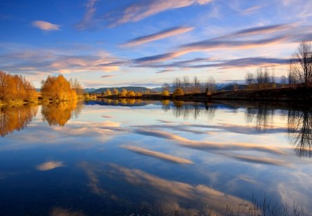 Reflection - lake, trees, reflection, clouds