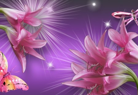 Fantasy flower - flower, butterfly, pink, petal, art