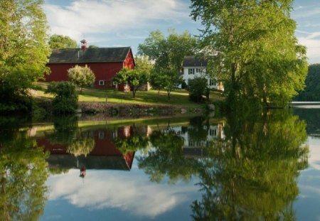 Indian Valley Farm, New Milford, Connecticut - water, daylight, grass, lake, sky, architecture, reflection, clouds, field, house, trees, nature, day