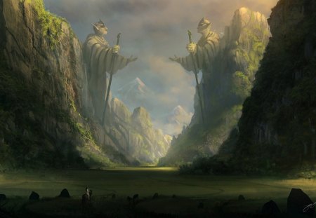 fantasy art - mountains, rocks, rider, statues, trees, snow