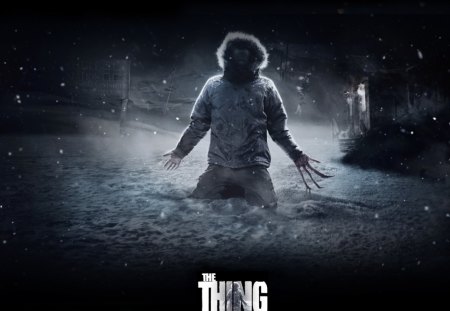 the thing - buildings, night, man, snow