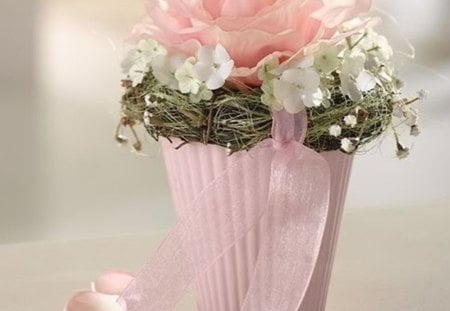 pink bouquet - ribbon, flowers, glass, pink