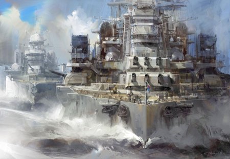 battleships - clouds, water, flags, guns, blue sky, saliors