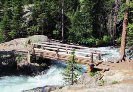 Walking Bridge below the Waterfall - water, bridge, waterfall, river