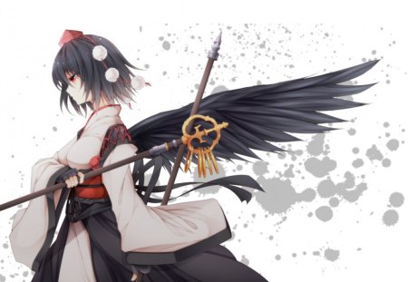 Anime - touhou, shameimaru aya, wings, anime, kimono, staff