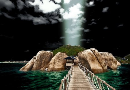 the walk way - island, sea, walkway, rocks, bridge