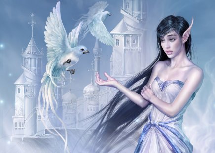 Beautiful Elfin And White Doves - white, doves, elfin, fantasy