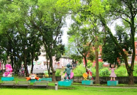 Little park - colorful, little park, grass, lovely, sculpture