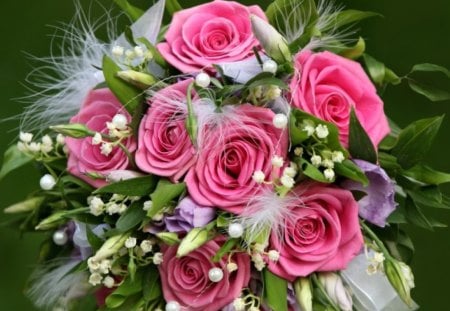 Bouquet - feather, white, flower, rose, pink, bouquet, nature, green