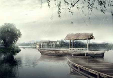 Serene Japanese Landscape - boats, wharf, nature, lakes