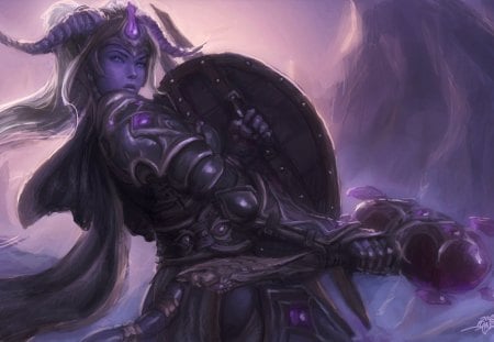 World of Warcraft - female, shield, horns, games, world of warcraft, armour, warcraft, weapon, video games, white hair