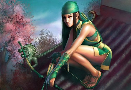 Green Archeress - trees, female, archer, long hair, rooftop, arrow, bandana, kunoichi, weapon, bow, gloves