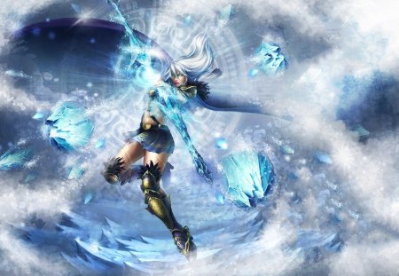 Ashe - ice, thigh highs, female, long hair, ashe, games, green eyes, bow, short skirt, league of legends, weapon, video games, white hair