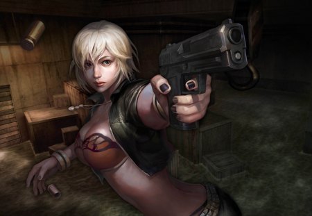 Counter Strike - female, gun, blonde hair, counter strike, short hair, necklace, pistol, bullet shell, weapon, games, video games, blue eyes