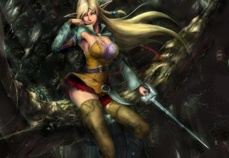 Forest Elf - elf, thigh highs, trees, female, long hair, blonde hair, forest, short skirt, weapon, sword, aqua eyes