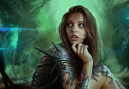 Cyber Woman - woman, girl, female, lone, long hair, machine, fantasy, green background, cyber