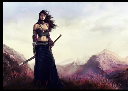 Lady Samurai - woman, dark hair, sky, lone, female, mountains, fantasy, warrior girl, katana, sake bottle, sword, skirt, warrior, samurai, belt, beautiful, weapon