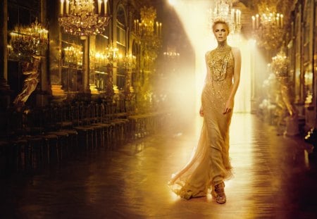 Precious Golden Ladyâ™¥ - woman, sunshine, fragrance, charlize theron, shine, wonderful, elegant, model, gorgeous, yellow, forever, evening, golden, love, magnificent, lady, fashion, brilliant, sparkle, entertainment, precious, beautiful, smile, dress, blonde, happy