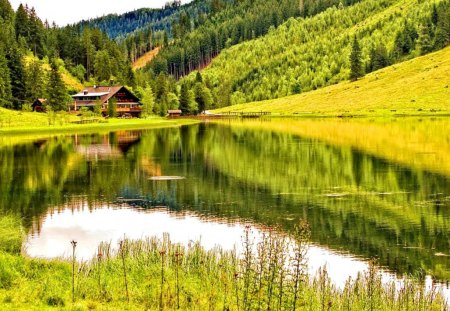 House on riverbank - summer, cabin, reflection, mountain, calmness, shore, riverbank, lake, nice, cottage, house, greenery, trees, water, beautiful, slope, lovely, lakeshore, river, nature, clear, serenity, peaceful