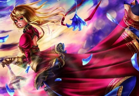 Saber Extra - saber, blue rose, female, dress, anime girl, armor gloves, hot, sword, red dress, blonde hair, cool, flower, petals, saber extra, wind, rose, sexy, fate stay night