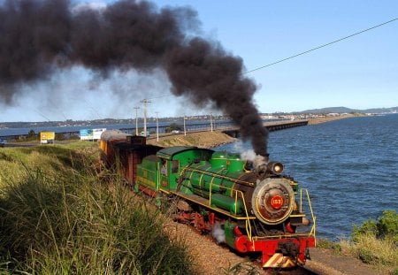 COASTAL ROUTE - coastline, oceans, grass, railway lines, trains, locomotives, vintage, green train, seascapes, smokestack