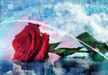 TRUE LIGHT ROSE - rays, roses, glass, light, reflections, red, blue, mosaic, flowers