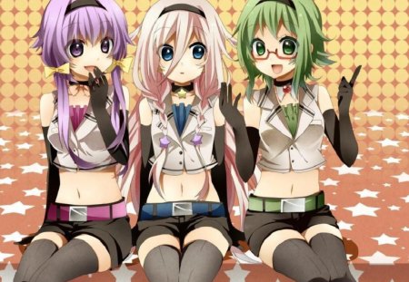 Anime - girls, stars, female, pop-stars, other, purple, thigh-highs, pink, orange, green, anime