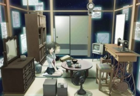 Come in please! - female, girl, tokyo, japanese style home, other, school uniform, japan, table, clock, anime, house, tv