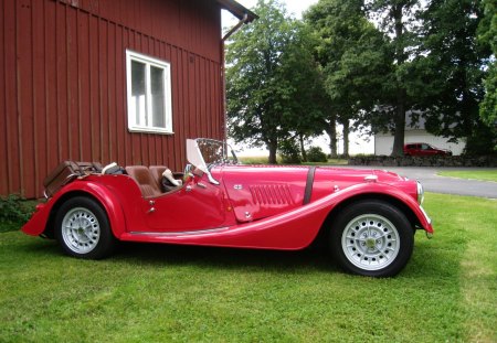 Morgan - biulding, trees, car, morgan red, grass