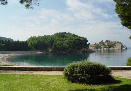 Green-cove - clouds, grass, trees, water