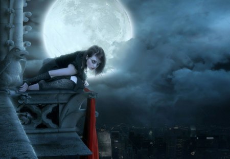 gothic_female - moon, buildings, bird, clouds