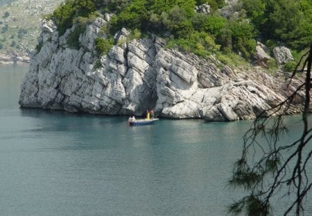 White rock, blue water - water, rock, trees, boat