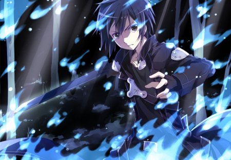 Kirigaya Kazuto - artistic, light, uniform, stunning, black eyes, weapon, nice, anime boy, sword, flame, blade, cg, elucidator, outfit, anime, blue, amazing, kazuto, boy, skill, kirigaya, fire, blue flame, katana, power, coat, kirito, art, kirigaya kazuto, cool, black, glow, awesome, digital, black hair, jacket