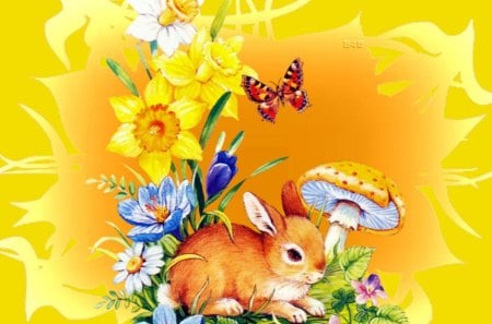 Cute Rabbit - wildlife, flower, butterfly, cute animals, yellow, mushroom, nature, bunny